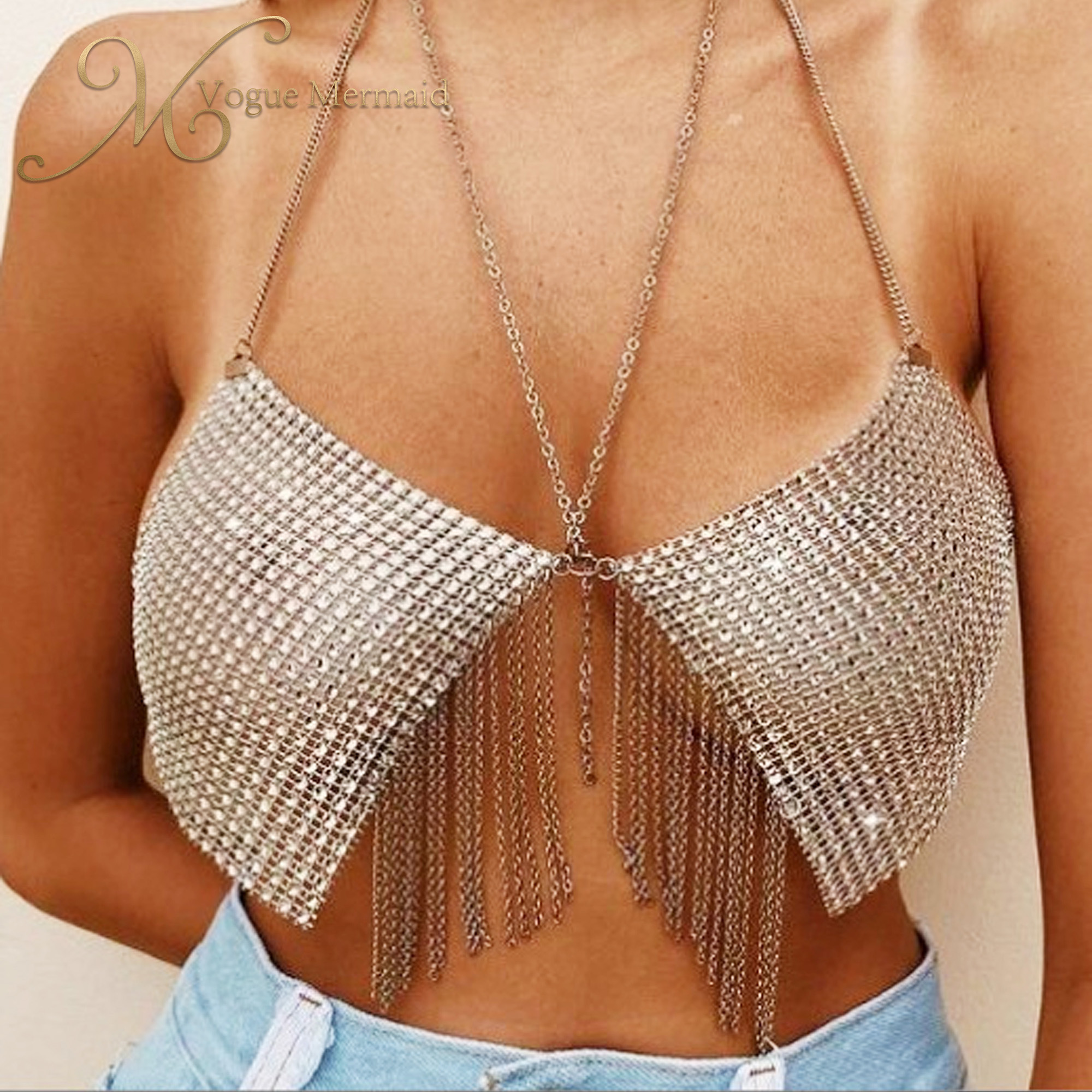 Sexy Metal Chain Halter Backless Rhinestone Fringe Top